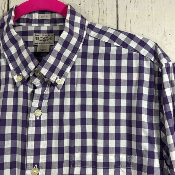 J Crew Mens Slim Fit Check Purple White Long Sleeve Cotton Button Down Shirt - Picture 4 of 15